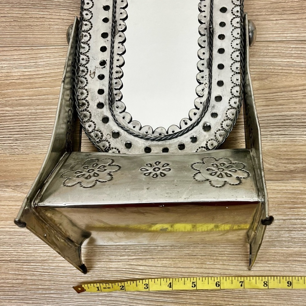 Vintage Mexican Punched Tin Vanity Mirror w/ Stand, Old Folk Art Southwestern - Picture 7 of 9